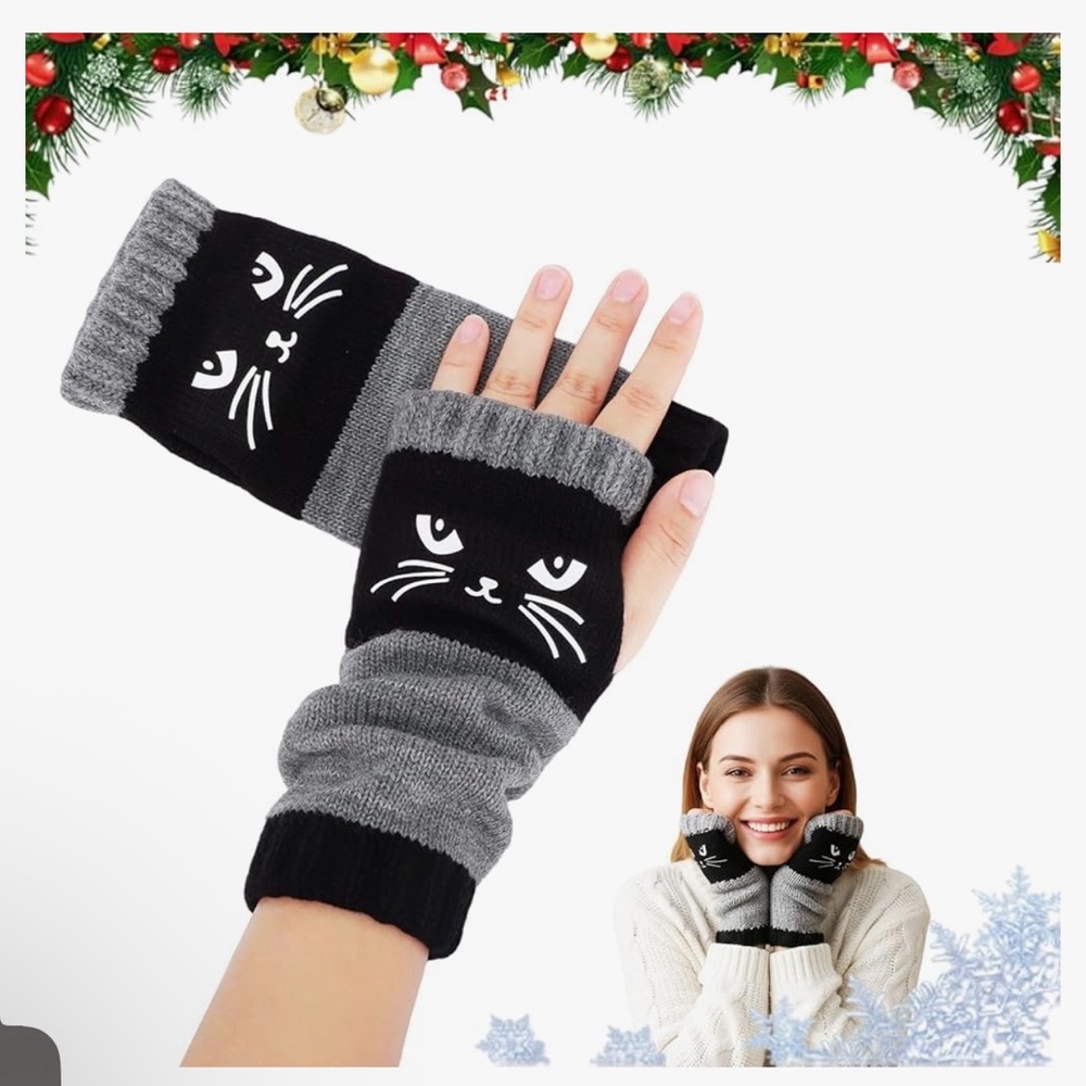 Black & Gray Cat Face Fingerless Gloves